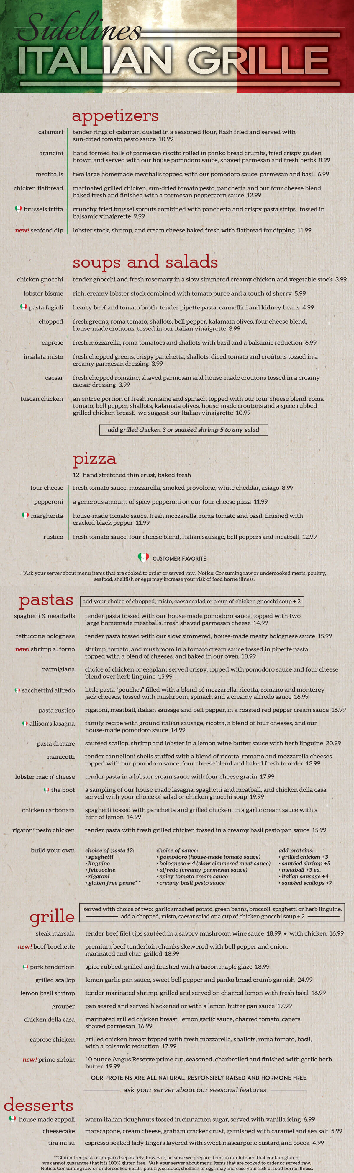 Sidelines Italian Grille menu